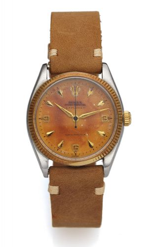 ROLEX REF. 5501 EXPLORER HONEYCOMB DIAL.Rolex, Oyster Perpetual, Explorer, case No. 368510.Ref. 5501. Made in 1958..Fine and very rare, center seconds, self-winding, water-resistant.stainless steel and 18K pink gold wristwatch.