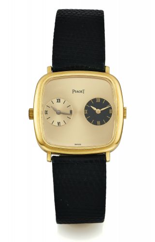 PIAGET REF. 612773.YELLOW GOLD DUAL TIME ZONES.Piaget, Dual Time Zones, case No. 317857, Ref. 612773. Made in the 1970s..Fine and unusual, cushion shaped, two time zone, 18K yellow gold.wristwatch with two movements, two dials and an 18K yellow gold.Piage