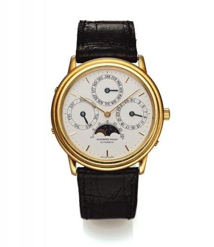 AUDEMARS PIGUET PERPETUAL CALENDAR.AUTOMATIC, YELLOW GOLD.Audemars Piguet, Genève, Quantieme Perpetuel.Automatique, No. 2260, movement No. 274523, Ref. C 27859..Made in the 1980s..Very fine, astronomic, self-winding, 18K yellow gold wristwatch with perpet