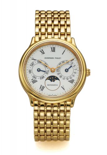 AUDEMARS PIGUET DAY-DATE MOON.PHASES YELLOW GOLD.Audemars Piguet, Genève, Day-Date, Automatic.case No. C 37516. Made in the 1980's..Fine, self-winding, 18K yellow gold wristwatch with.day date, moon phases and an 18K yellow gold Audemars.link bracelet