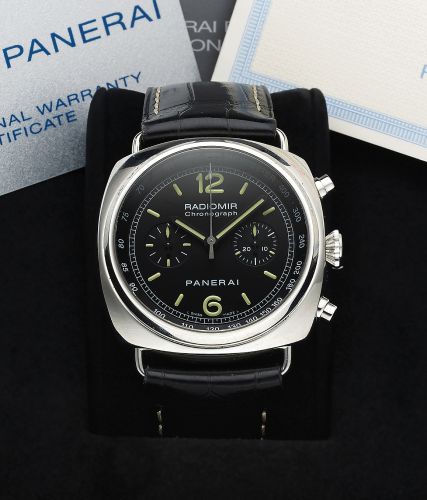 PANERAI PAM 288 REF. 6715 RADIOMIR CHRONOGRAPH AUTOMATIC STEEL.Panerai, Radiomir Chronograph, No. M 065/600, case No..PB 0601192, Ref. OP 6715. Made in a limited edition of 600.examples in 2010..Very fine, large, cushion-shaped, self-winding, water resist