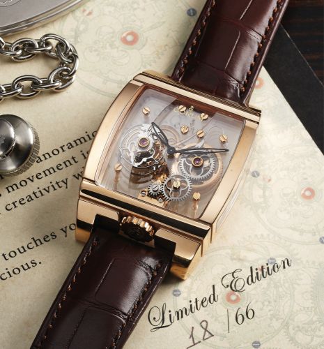 CORUM GOLDEN TOURBILLON PANORAMIQUE PINK GOLD.Corum, Swiss, ''Golden Tourbillon Panoramique, case.No. 2170133, limited No. A18/66, Ref 05.0027..Exceptional and rare, large, 18K pink gold, curved tonneau-.shaped wristwatch with visible tourbillon movement 