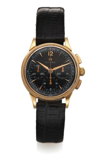 OMEGA, REF. 2277 CHRONOGRAPH.YELLOW GOLD BLACK DIAL.Omega, No. 15997390, case No. 11481486, Ref. OT 2277..Made circa 1960..Fine, 18k yellow gold wristwatch with square button.chronograph, registers, tachometer scale and a gold-plated.Omega buckle.