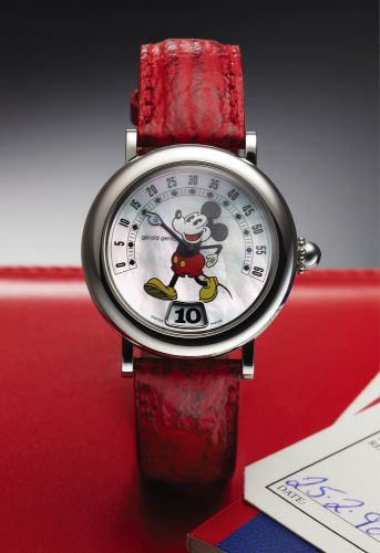 GERALD GENTA REF. 3632 RETRO DISNEY STEEL.Gérald Genta, Genève, Retro Disney, Automatic, No. 77068, Ref. G 3632. Made in 1997, sold February 25th, 1998..Fine and unusual, jump hour and retrograde minutes, self-.winding, water-resistant, stainless steel wr
