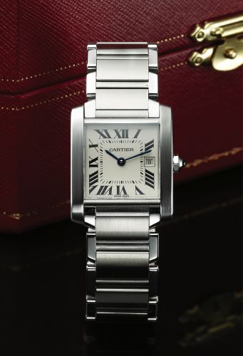 CARTIER REF. 2465 TANK QUARTZ STEEL.Cartier, Tank Française, case No. 877207 UF.Ref. 2465. Made circa 2000..Fine, square and curved, water-resistant, stainless steel.quartz wristwatch with date and a stainless steel Cartier.link bracelet with double deplo