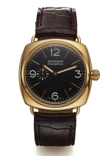PANERAI PAM 103 RADIOMIR PINK GOLD.Officine Panerai, Firenze 1860, Radiomir No. E 488 / 500.case No. BB1073274, Ref. OP 6564. Made in a limited edition.of 500 pieces in 2002..Very fine, large, cushion-shaped, self-winding, water-.resistant, 18K pink gold 
