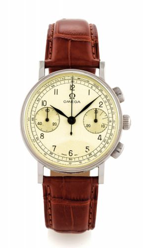 OMEGA REF 2393/2 STEEL.Omega, movement No. 9602144, Ref. 2393/2. Made circa 1947. Fine and rare.stainless steel chronograph wristwatch with olive button chronograph, 30-minute.register and tachometer scale with a stainless steel Omega buckle.