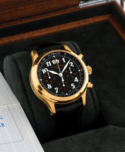 SCHWARZ ETIENNE OLYMPIA FLYBACK, PINK GOLD.Schwarz Etienne,Olympia, Flyback Chronograph, No. 63, case No. 291502/2, Ref. WOL02AJ01RB01AA. Sold on February 4th, 2013..Fine, water-resistant, self-winding, 18k pink gold wristwatch with round button.chronogra