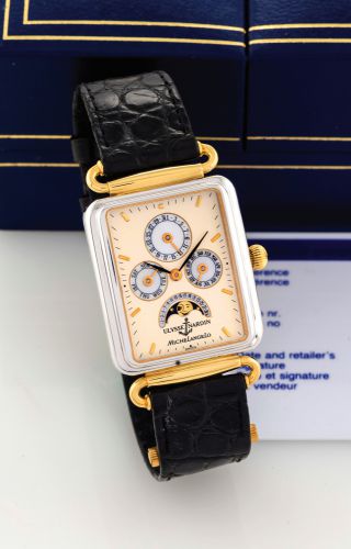 ULYSSE NARDIN - MICHELANGELO BICOLOR GOLD.Ulysse Nardin, Michelangelo Calendar Moonphase, No. 1583, Ref. 331-42. Made circa 1990..Very fine, rectangular, water-resistant, 18K white and yellow gold wristwatch with triple-date.calendar, moon phases and a go