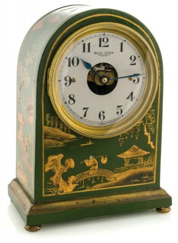 GREEN CHINOISERIE BULLE CLOCK.Bulle-Clock, France, Patented. Made circa 1920..Fine and rare, early electric mantel clock with green japanned.chinoiserie case.