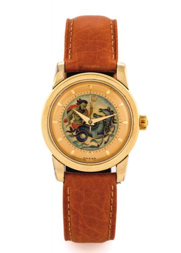 OMEGA NEPTUNE'S CHARIOT.CLOISONNE DIAL AND MOVEMENT.Omega, movement No. 12337147. Made on October 6th, 1952..Very fine and very rare, cloisonné enamel dial depicting Neptune's.chariot being drawn by two seahorses mounted in a later Omega.Seamaster Ref. 27