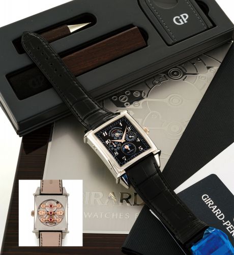 GIRARD-PERREGAUX VINTAGE 1945 XXL, TOURBILLON THREE BRIDGE.CALENDRIER PERPETUEL - PLATINUM.Girard-Perregaux, La Chaux-de-Fonds,Tourbillon Calendrier Perpétuel, Pt No. 5.Ref. 99860. Made circa 2008..Fine and rare, oversized, rectangular curved, platinum wr