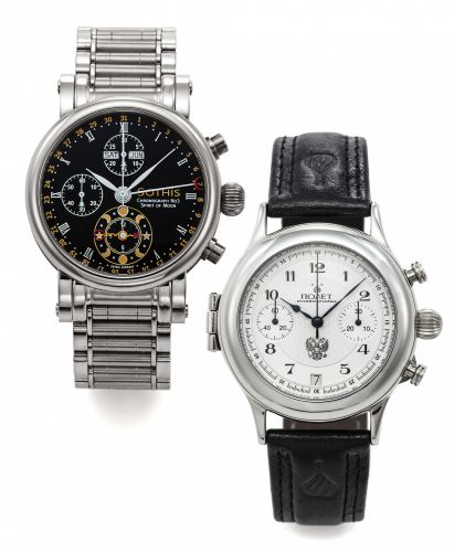 SET OF 2 CHRONOGRAPH WRISTWATCH STEEL.A) Sothis, Swiss, No. 101/500. Made in a limited edition of 500 pieces in 1998..Fine and rare, self-winding, water resistant to 5 ATM, stainless steel wristwatch with round button.chronograph, registers, triple date c