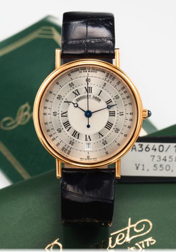 BREGUET REF. 3640/12/286 MEDICALE YELLOW GOLD.Breguet, No 3458, Ref. 3640/12/286. Made circa 1990s..Very fine and rare, center-seconds, self-winding, 18K yellow.gold wristwatch with date, pulsometer and an 18K yellow gold.Breguet buckle. Accompanied by or