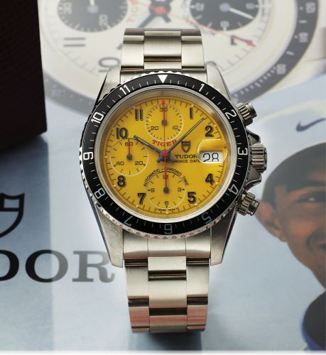 TUDOR CHRONOGRAPH REF 79270.TIGER WOODS CHRONOGRAPH STEEL.Tudor, Tiger Prince Date, Automatic, Chrono-Time, case No. B857504.Ref. 79270, case made by Rolex, Geneva. Made in 1998..Fine and rare, self-winding, water resistant to 100 m, stainless.steel wrist