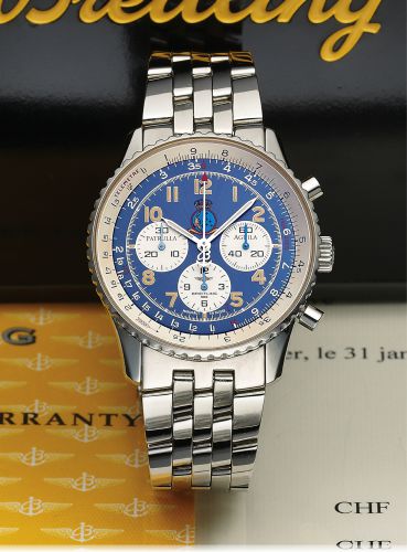 BREITLING REF. A30022.PATRULLA AGUILA NAVITIMER STEEL.Breitling Genève, Patrulla Aguila Navitimer 92, No. 0100/1000, Ref. A 30022. Made in a limited series of 1000 pieces in the early 1990s..Fine, water resistant to 30 m., self-winding, stainless steel.wr