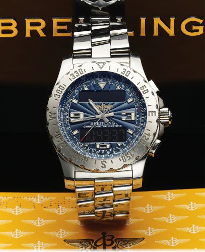 BREITLING REF. A 78363 AIRWOLF STEEL.Breitling, Genève, AirWolf Aerospace, Certified Chronometer.No. 914341, Ref. A 78363. Made circa 1998..Fine, two time zone, stainless steel quartz wristwatch with 3 time.zones, square button chronograph to 1/100th seco