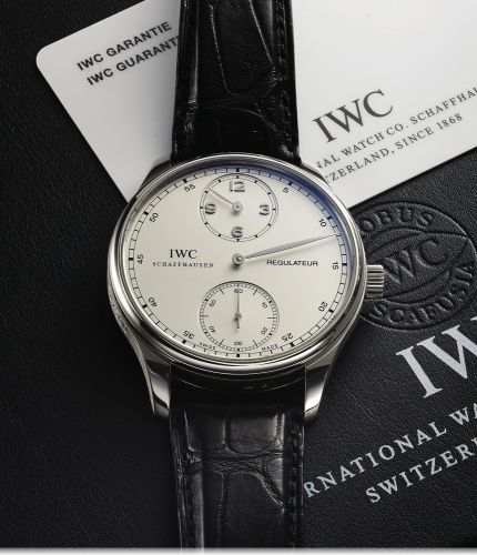IWC REF. 5444 PORTUGUESE.REGULATOR PLATINUM.International Watch Co., Schaffhausen, Portugieser.Regulateur, No. 154/500, movement No. 2671229, case.No. 3181646, Ref. 5444. Made in a limited edition of 500.pieces in platinum in 2006..Very fine, large, water
