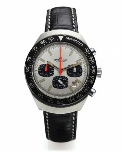 BREITLING REF 7104 CHRONOGRAPH STEEL.Breitling, Genève, Antimagnetic, case No. 1412155, Ref. 7104. Made.in the 1970s..Fine, tonneau-shaped, antimagnetic, water-resistant, stainless steel.wristwatch with round button chronograph, registers and date.