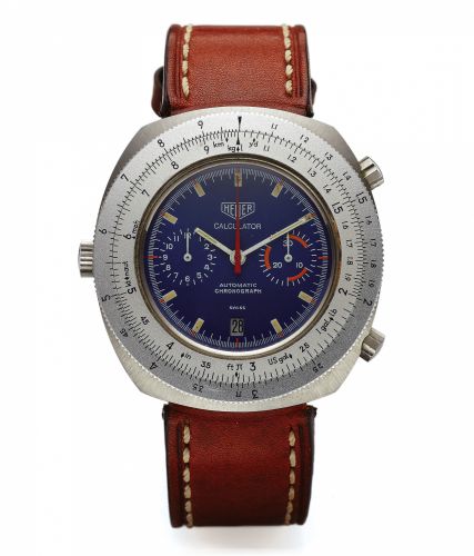 HEUER REF. 110633 CALCULATOR STEEL.Heuer, Calculator, Automatic Chronograph, Ref. 110633..Made in the 1970s..Fine and unusual, oversized, tonneau-shaped, water-resistant, self-.winding stainless steel left-handed wristwatch with round button.chronograph, 
