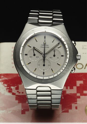 OMEGA REF. 1450040 SPEEDMASTER STEEL.Omega, Speedmaster, No. 44121003, case No. 3450803, Ref. 1450040. Made in the 1980s..Fine, tonneau-shaped, water-resistant, stainless steel wristwatch with round button chronograph, registers, tachometer and.a stainles