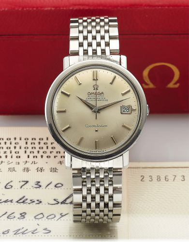 OMEGA REF. 168.004 CONSTELLATION STEEL.Omega, Constellation, Automatic Chronometer Officially Certified,.No. 23867310, Ref. 168.004. Made in 1965..Fine, water-resistant, self-winding, center seconds, stainless steel.Chronometer wristwatch with date and a 