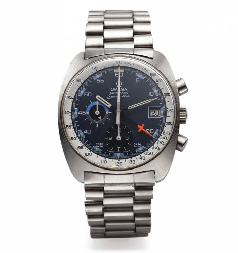 OMEGA REF. 176.007 SEAMASTER.AUTOMATIC CHRONOGRAPH STEEL.Omega, Seamaster Automatic chronograph,.No. 31644664, Ref. 176.007. Made in the 1970s..Fine and rare, tonneau-shaped, self-winding, water-resistant.stainless steel wristwatch with round button chron