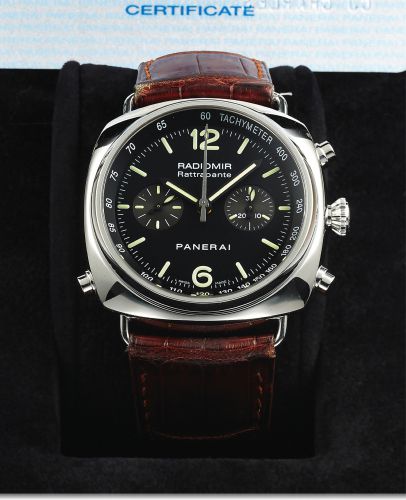 PANERAI PAM 214 REF. 6642.SPLIT-SECONDS CHRONOGRAPH STEEL.Officine Panerai, Radiomir Rattrapante, Automatic Chronometer, No. J.146/500, PAM 214, Ref. OP 6642. Made in a limited edition of 500 pieces.in 2007, sold January 17th, 2008..Very fine, large, cush