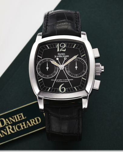 DANIEL JEAN RICHARD REF. 50026.CHRONOGRAPH RATTRAPANTE STEEL.Daniel Jean Richard, Chronograph Rattrapante, No. 3.Ref. 50026. Made circa 2002..Fine, cushion-shaped, self-winding, stainless steel wristwatch with square button split-seconds chronograph, regi