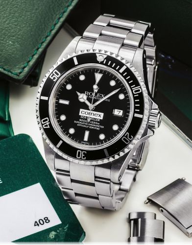 ROLEX REF. 16600 COMEX SEA DWELLER STEEL.Rolex, Oyster Perpetual Date, COMEX, Sea-Dweller, 4000ft = 1220m, Superlative.Chronometer, Officially Certified, case No. N503928, Ref. 16600, COMEX 3269. Made in 1992..Very fine and very rare, center seconds, self