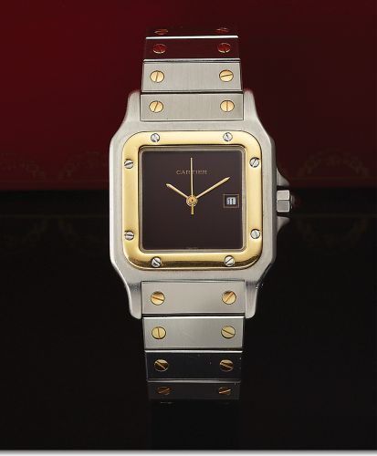 CARTIER REF. AC 2380 STEEL AND GOLD.Cartier, Santos, Automatic, case No. 296138531, Ref. AC 2380..Made in the 1990s..Fine, square, center seconds, self-winding, water-resistant, stainless.steel and 18K yellow gold mid-size wristwatch with date and an.inte