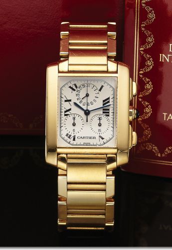 CARTIER REF. 1830 TANK FRANCAISE.QUARTZ CHRONOGRAPH YELLOW GOLD.Cartier, Tank Française, Chronograph, case No..MG 259325, Ref. 1830. Made circa 2000..Fine, rectangular curved, 18k yellow gold quartz wristwatch with square button chronograph, registers, da