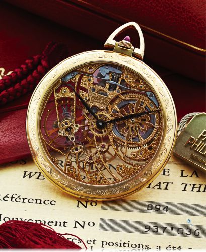 PATEK PHILIPPE REF. 894 SKELETON YELLOW GOLD.Patek Philippe, Genéve, No. 937036, Ref. 894. Sold on January 5th November, 1983..Very fine and very rare, 18K yellow gold, skeletonized, keyless dress watch. Accompanied by the.original Patek Philippe box, Cer