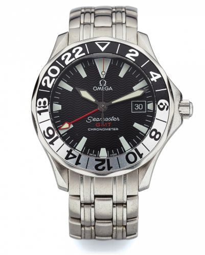 OMEGA SEAMASTER GMT.CHRONOMETER REF 2534 STEEL.Omega, Seamaster GMT Chronometer, case No. 60324399, Ref. 2534. Made in 1998 to celebrate the 50th anniversary of the.Seamaster..Fine, two time-zone, center seconds, self-winding, waterresistant.to 300 m, sta