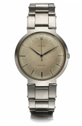 ROLEX REF. 9083 PRECISION STEEL.Rolex, Precision, case No. 92839, Ref. No. 9083. Made in.the 1960s..Fine, center seconds, stainless steel wristwatch with an.integral stainless steel Rolex Oyster bracelet..Dial, case, and movement signed.