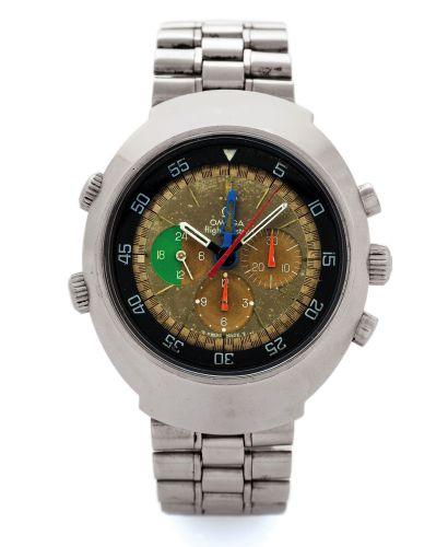 OMEGA REF. 145.013 FIRST GENERATION.FLIGHTMASTER TROPICAL DIAL.Omega, Flightmaster, No. 29131505, Ref. ST 145.013. Made in 1972..Fine and rare, tonneau-shaped, two-time-zone, water resistant, stainless steel.aviator's wristwatch with 4 hands and 3 crowns,