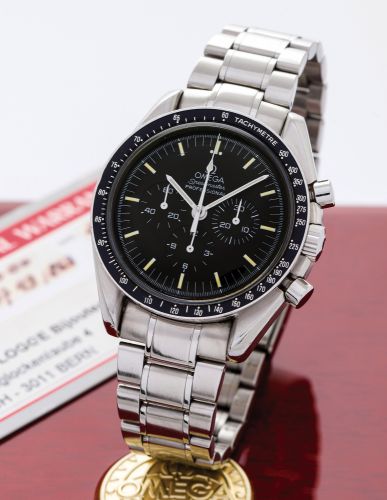 OMEGA SPEEDMASTER APOLLO XI.25TH ANNIVERSARY DISPLAY BACK.Omega, Speedmaster Professional - Apollo XI - 1969-1994, movement.No. 48314743, Ref. 3592.50.00. Made in 1994 to celebrate the 25th anniversary.of the 1969 Apollo XI mission to the moon, sold on Ma