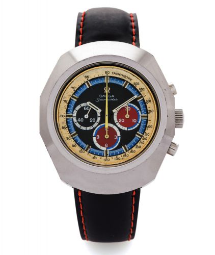 OMEGA SEAMASTER CHRONOGRAPH.SO CALLED ANAKIN SKYWALKER.Omega, Seamaster, movement No. 32202719, Ref. 145.023..Made circa 1971..Fine and rare, large tonneau-shaped, stainless steel, water-resistant.wristwatch with round-button chronograph, colored dial.wit