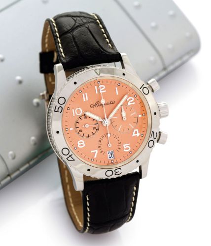 BREGUET REF. 3827 PLATINUM TYPE XX LIMITED EDITION.Breguet, Type XX - Transatlantique - Automatic, No. 26/90, case.No. 43395, Ref. 3827. Made in a limited edition of 90 pieces circa 1998..Very fine, self-winding, water-resistant, platinum wristwatch with.