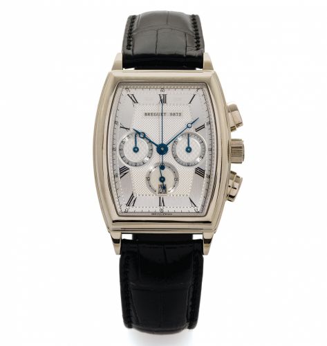 BREGUET REF. 5460 CHRONOGRAPH WHITE GOLD.Breguet, Chronograph, Automatic, No. 9872, Ref. 5460..Made circa 2004..Very fine, tonneau-shaped, curved, self-winding, water-resistant.18K white gold wristwatch with oval button chronograph, registers.date and an 