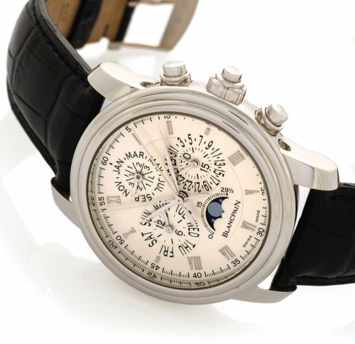 BLANCPAIN SPLIT SECONDS PERPETUAL CALENDAR.Blancpain, Chronographe Rattrapante - Perpetual Calendar, No. 04/100, Ref. 4286P. Made in a.limited edition of 100 examples in 2003..Extremely fine, rare, heavy and large, self-winding, platinum wristwatch with r