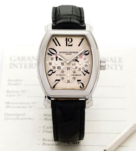 VACHERON CONSTANTIN ROYAL EAGLE.Vacheron Constantin, Genève, « Royal Eagle Day-Date », movement No..915948, case No. 754656, Ref. 42008/000G-8979. Sold on December 23th.2001..Very fine, water-resistant, tonneau-shaped, self-winding, 18K white gold.Chronom