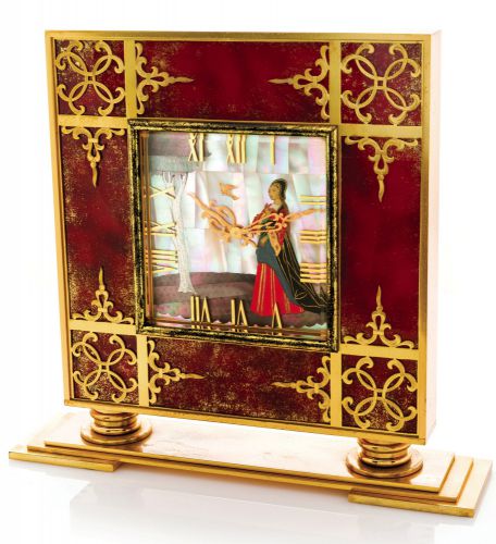 HOUR LAVIGNE MEDIEVAL LADY.MOTHER OF PEARL MARQUETRY DIAL.Hour Levigne, Swiss, case No. 5512. Made in the 1960s..Fine, elegant and impressive, gilt-brass and lacquered.8-day going mantel clock with mother of pearl marquetry.dial.