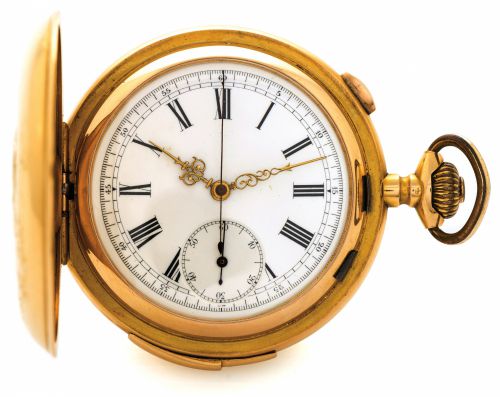 TEMPORA MINUTE REPEATER CHRONOGRAPH.Tempora (Le Phare), Le Locle La Chaux de Fonds.Répétition à Minutes Chronographe, No. 247672..Made circa 1915..Fine, minute-repeating, 18K gold hunting-cased keyless.pocket watch with chronograph..Cuvette signed.