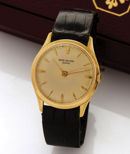 PATEK PHILIPPE.Patek Philippe Cie, Genève, No. 1141066.case No. 2653505, Ref. 2588. Produced circa 1960..Very fine and elegant, thin, 18K yellow gold wristwatch with an 18k yellow gold Patek Philippe buckle. Accompanied.by a Patek Philippe fitted box..D