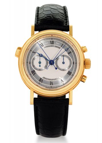 BREGUET REF. 3947 - RATTRAPANTE YELLOW GOLD.Breguet, Rattrapante, No. 2838I, Ref. 3947. Made in the late 1990s..Very fine and rare, 18K yellow gold wristwatch with round and oval.button split-seconds chronograph, register and an 18K yellow gold.Breguet de
