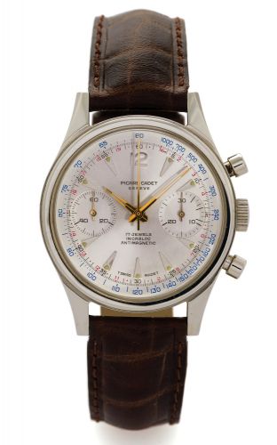 PICARD CADET WATERPROOF CHRONOGRAPH.Picard Cadet, Geneve, Swiss, case No. 1006-9V..Made in the 1960s..Fine, waterproof, stainless steel wristwatch with round.button chronograph, register and tachometer..Dial, case and movement signed.