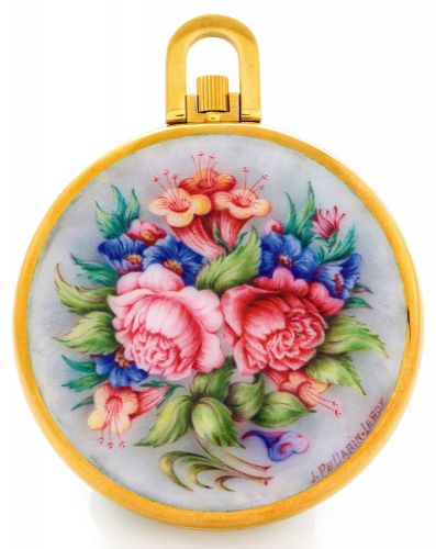 PATEK PHILIPPE, REF. 715/8 WATCH WITH UNIQUE ENAMEL MINIATURE OF.A PEONY AND FLOWER BOUQUET BY J. PELLARIN-LEROY.Patek Philippe, Genève, movement No. 893314, case No. 432824, Ref. 715/8. The miniature.by J. Pellarin-Leroy. Made in 1969, sold on August 11t