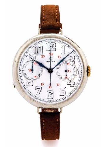 OMEGA REF. 568.18 LARGE EARLY.AVIATOR'S SINGLE BUTTON CHRONOGRAPH.Omega, movement No. 4012255, case No. 5243238, Ref. 568.18. Made circa 1915..Very fine and extremely rare, large and early, silver wristwatch with single-button chronograph and register..Di