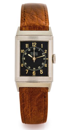 LECOULTRE REF. 2201, REVERSO CENTER.SECONDS BLACK DIAL.LeCoultre, Reverso, movement No. 116451, case No..15301, Ref. 2201. Made in 1939..Fine and rare, indirect center-seconds, rectangular, reversible.stainless steel Staybrite wristwatch. Accompanied.by t